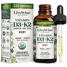 Supplément liquide de vitamine D3-K2 pour bébé, gouttes de vitamine pour nourrissons et tout-petits, pour une croissance saine, le développement et le bien-être quotidien, goutte à goutte facile à utiliser dans la bouteille de verre, 1 Fl Oz