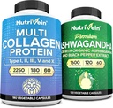 Nutrivein Premium Multi Collagen Capsules & Ashwagandha Supplements Bundle: High-Absorption Ashwagandha Root & Multi Collagen Peptides Capsules for Body and Mind