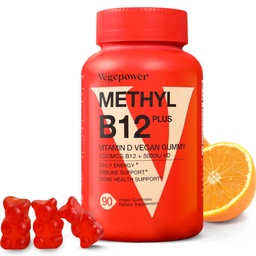 Vitamin B12 D3 Vegan Gummies - 90 Count I 1000 MCG Methyl B12 & 5000 IU Vitamin D Gummy Chewable Supplements for Adults & Kids - Immune Health & Daily Energy Boost - Non-GMO, Orange