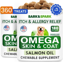 BARK&SPARK (paquet de 2 Omega 3 pour chiens - 360 bouchées à l'huile de poisson pour chiens, allergie cutanée, soulagement des démangeaisons, traitement des taches chaudes - santé articulaire - supplément de peau et de manteau - EPA&DHA Acides gras