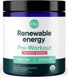 Ora bio poudre de pré-entraînement naturel - Lemonade de framboise Saveur- Fournit Jitter Sans énergie, Focus, Hydratation, & Endurance - végétalien, certifié biologique, soja, laiterie, et sans gluten, 20 portions