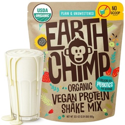 EarthChimp poudre de protéines végétales organiques - avec probiotiques - Non OGM, sans produits laitiers, sans lactosérum, à base de plantes poudre de protéines pour les femmes et les hommes, sans gluten - 26 portions 32 Oz (Plain et non sucré) Non Scoop
