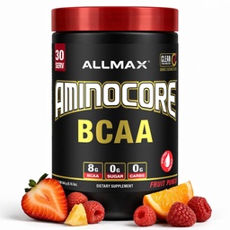 ALLMAX Nutrition AMINOCORE BCAA Poudre, 8.18 Grams d'acides aminés, boisson de récupération intra et post-entraînement, sans gluten, punch de fruits, 315 g