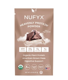 NUFYX® • Poudre Heavenly Protein® • Le monde est le plus fin de l'Amérique 100% biologique Pois cultivés • végétalien • sans gluten • faible teneur en glucides (chocolat, paquet)