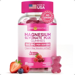 Gommies glycinées de magnésium 600mg, Non-OGM, Sans gluten, Gommies de magnésium pour adultes et enfants, Sommeil, Relaxation et Focus, Flaveur de baies mixtes, 60 Nombre