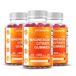 Gommies de magnésium Vitamatique 600mg par service – 60 Gommies Vegan – Relaxation, Muscle, Bone & Soutien énergétique – 3 Pack
