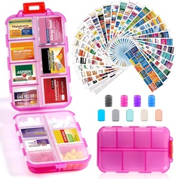 14 Grilles Boîte d'organisateur de pilules de voyage avec 415-Pcs Medicine Name Etiquettes - Pocket Daily Pharmacie Trousse de contenants - Distributeur de médicaments de voyage pour l'huile de poisson entreposage de supplément de vitamine - Rose claire