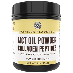 Poudre d'huile Keto MCT + Collagène + Fibre prébiotique Acacia, Vanilla Flavor, 16 oz. Poudre d'huile MCT de noix de coco. Collagène de la Fed d'herbe, parfait pour Keto, 0 Net Carb, Stevia, Erythritol, boisson en poudre
