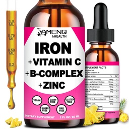 Supplément en fer pour femmes hommes et enfants, vitamine de fer C, A, complexe B, gouttes de fer végétalien Vitamine liquide haute puissance et suppléments en fer pour l'anémie, globule rouge, énergie, fabricant de sang, doux