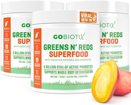 GOBIOTIX Super Greens and Reds Powder - Red and Green Superfood - Probiotic Supplement - Digestive Enzymes and Beet Root Powder - Organic Whole Foods Dietary Supplement (Mango, 3 Pack)