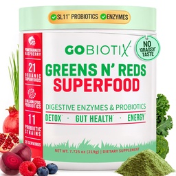 GOBIOTIX Super Greens Powder with Beet Root, Spirulina, Moringa & Chlorella – Probiotics, Enzymes & 21 Superfoods – Zero Sugar, Vegan, Non-GMO – 30 Servings (Pomegranate Raspberry)