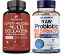Wholesome Wellness Super-Absorb Multi Collagen Pills (Type I II III V X) Organic Herbs and Bioperine + Organic Probiotics 100 Billion CFU, Dr Formulated Probiotics for Women, Men & Adults Bundle