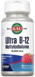 KAL Ultra B12 méthylcobalamine 10 000mcg, vitamine B-12 de haute puissance pour l'énergie saine, le métabolisme, le nerf, le soutien des cellules du sang rouge,* Arôme de framboise naturelle, végétarien, 30 micro comprimés, 30 portions