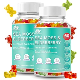 Irish Sea Moss Gummies with Elderberry – USA Made Vegan Gummies with Vitamin C, D & Zinc – Immune Support Supplement with Bladderwrack & Burdock Root for Adults & Kids – 2 Packs