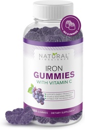Iron Gummies with Vitamin C - Chewable Iron Supplement for Iron Deficiency Anemia, Red Blood Cell Support, Energy, Immune Function, Brain Health, Max Absorption, Grape Flavor, 180 Vegan Gummies