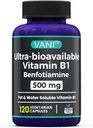 VANI 500MG Benfotiamine with B1, 5X Time Fat & Water Soluble Thiamine B1 Supplement – Third Party Tested, No Gluten (120 Capsules)