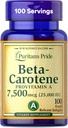 Puritan's Pride Beta Carotène Provitamine A 7 500 mcg (25 000 UI), supplément de vitamine pour système immunitaire, antioxydant et soutien de santé oculaire, 100 jours d'approvisionnement, 100 softgels à libération rapide