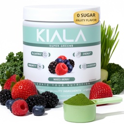 Kiala Nutrition Super Greens, Organic Greens Powder with Spirulina & Chlorella for Digestion, Gut Health, Immunity, Adaptogens, Energy, Gluten Free, Vegan, Sugar Free, Mixed Berry, 30 Servings