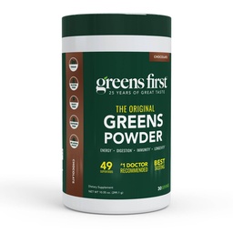 Greens First Original Greens Powder - 49 Superfoods - Organic Fruits & Veggies - Prebiotics, Probiotics & Digestive Enzymes - Antioxidant Smoothie - Dairy Free, Vegan, Non-GMO (Chocolate, 30 Servings)