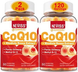 NEVISS Sugar Free CoQ10 Filled Gummies with Vitamin B12 1000mcg, Rhodiola Rosea and Panax Ginseng Extract, Vitamin B6, Coenzyme Q10 Supplement, 2 Pack