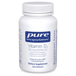 Encapsulations pures Vitamine D3 125 mcg (5 000 UI) - Supplément pour soutenir la santé des os, des articulations, des seins, du coeur, des colonies et des immunes* - avec vitamine D - 250 capsules