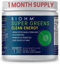 BIOHM Super Greens Clean Energy, Green Superfood Powder (8.5 Oz, 30 portions) soutient Gut Health & Cognition, 34 extraits naturels de fruits, légumes et plantes avec prébiotiques, probiotiques et enzymes