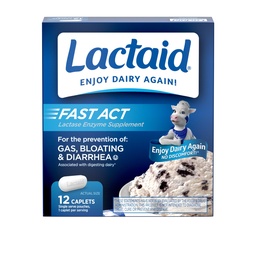Lactaid Fast Act Caplets de soulagement de l'intolérance à la lactose avec enzyme de lactase pour prévenir le gaz, le gonflement et la diarrhée en raison de la sensibilité à la lactose, idéal pour les voyages et le voyage, 12 paquets de 1-Count