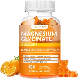 Magnésium Glycinat Gommies 1000mg, supplément de potassium sans sucre pour la relaxation, le stress et le soutien du sommeil pour adultes et enfants - 90 Gommies orange