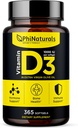 PhiNaturals Vitamine D3 1000iu Softgels Supplément Huile d'olive Base 365 Gel Caps Un an d'approvisionnement de VIT D, Vitamine D 3 1000 uu