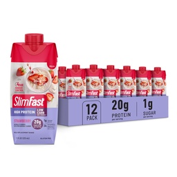 SlimFast Protein Shake, fraise- 20g de protéines, substitut de repas Shake Prêt à boire, haute protéine avec faible glucides et faible sucre, 24 vitamines et minéraux, 12 comte (paquet de 1) (emballage mai Varier)