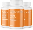 Celebrate Vitamins Iron Supplement with Vitamin C - 45mg Iron, 60mg Vitamin C, Bariatric Vitamins for WLS Patients, Vertical Sleeve & Gastric Bypass Surgery (90 Capsules)