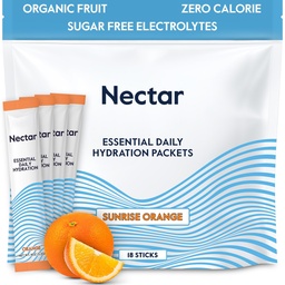 Paquets d'hydratation Nectar - Paquets de poudre d'électrolytes - Pas de sucre ou de calories - Paquets d'électrolytes liquides de fruits biologiques pour déshydratation et réhydratation rapide (Orange 18)