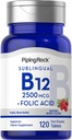 Piping Rock Vitamine B12 Sublingual, 2500 mcg, 120 comprimés avec acide folique Supplément pour les femmes et les hommes