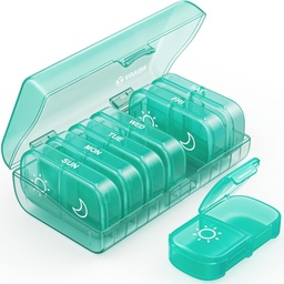 AUVON XL Weekly Pill Organizer 2 fois par jour, Pill Box 7 jour avec des grandes ouvertures pour une utilisation facile, Cyan AM PM Pill Case pour les médicaments, vitamines, huiles de poisson, suppléments