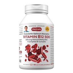 ANDREW MOINSMAN Vitamine B12 500 360 Capsules - Méthylcobalamine protégée par l'absorption (Coenzyme naturelle vitamine B12), essentielle pour le soutien de l'énergie et du stress, plus complexe B, capsules faciles à avaler
