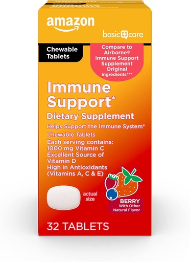   Basic Care - Immune Support Supplement, Berry Chew Tablets, excellent source of the body-essential sunshine Vitamin D, 32 Count