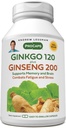 ANDREW LESSMAN Ginkgo 120 Plus Ginseng 200mg - 30 Capsules - Standardized Extract Blend to Support Brain, Memory and Cognitive Function. Adaptogen, Combats Stress and Fatigue. No Additives
