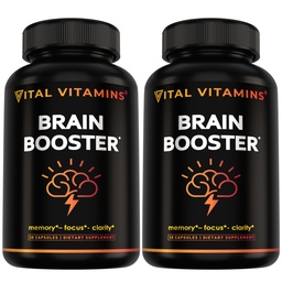 Vital Vitamins Brain Supplements for Memory and Focus (2-Pack)– Nootropic Brain Booster with Ginkgo Biloba, Rhodiola, B12 – Caffeine-Free Support for Adults & Seniors – 60-Day Supply