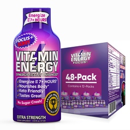 Vitamine Energy Focus+ Extra Strength Energy Shot Berry 48 Pack, 260mg Caféine naturelle, B-Vitamines, CoQ10, Acides aminés, Focus, Productivité et Clarté, Zéro sucre, Sans gluten, 1,93 fl oz
