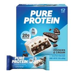 Barres de protéines pures, haute protéine, collations nutritives pour soutenir l'énergie, faible sucre, sans gluten, biscuits et crème, 1,76oz, 12 pack