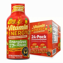 Vitamin Energy Tropical Infusion Extra Strength Energy Shot, 24 Pack - Up to 7 Hrs, 260mg Natural Caffeine, Zero Sugar - BCAAs + CoQ10, Focus Support, B12 B6 Niacin, 1.93 fl oz, Keto Vegan