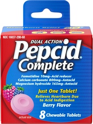 Réducteur d'acide complet Pepcid + antiacide pour le reflux acide, 10 mg de famotidine, 800 mg de carbonate de calcium et 165 mg d'hydroxyde de magnésium par comprimé de médecine des brûlures d'estomac, antiacides, Berry, 8 ct