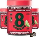 8Greens Supergreens Gummies Super Greens Poudre Superfood Gummy pour le métabolisme, l'immunité et le focus, enzymes de santé digestive, biologique: Chlorella, Spiruline, Aloe Vera, Apple Flavor, 150 Comte