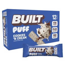Barre construite, barres protéinées de Puff, Puff crème de cookies 'N, 17g en collations protéinées, barres en marche, seulement 140 calories, 7g sucre, collagène, non sans gluten, 12 comte