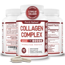 Purely Optimal Premium Multi Collagen Peptides Capsules (Types I, II, III, V, X) - Hair, Skin and Nails, Digestive & Joint Health Supplement, Hydrolyzed Collagen Pills (90 Capsules)