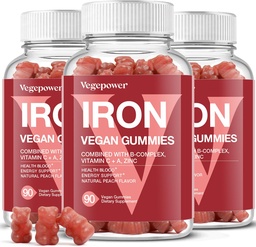 Iron Gummies Supplements for Women & Kids - Multivitamin with Iron for Blood Oxygen, Great Tasting Gummy Vitamins with Vitamin C for Max Absorption - Vegan Chewable, Peach Flavor(3 Packs)