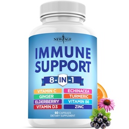 NEW AGE 8 in 1 Immune Support Booster Supplément avec Echinacea, vitamine C et zinc 50mg, vitamine D 5000 UI, curcumine et gingembre, B6, Elderberry 60 Compte (paquet de 1)