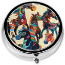 Colorful Cartoon Horse Printed Round Pill Organizer with 3 Compartments, Portable Mini Pill Box Pill Case for Medicine, Vitamin, Fish Oil, Supplements