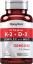 Piping Rock Vitamin K2 D3 Supplement | 100 mcg | 180 Softgels | Complex with MK7 | Non-GMO, Gluten Free
