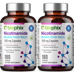 biophix B-3 Nicotinamide 500 mg 180 Caps 2 Pack - Nicotinic Amide Niacin Natural Flush-Free Vitamin Formula - Supports Skin Cell Health